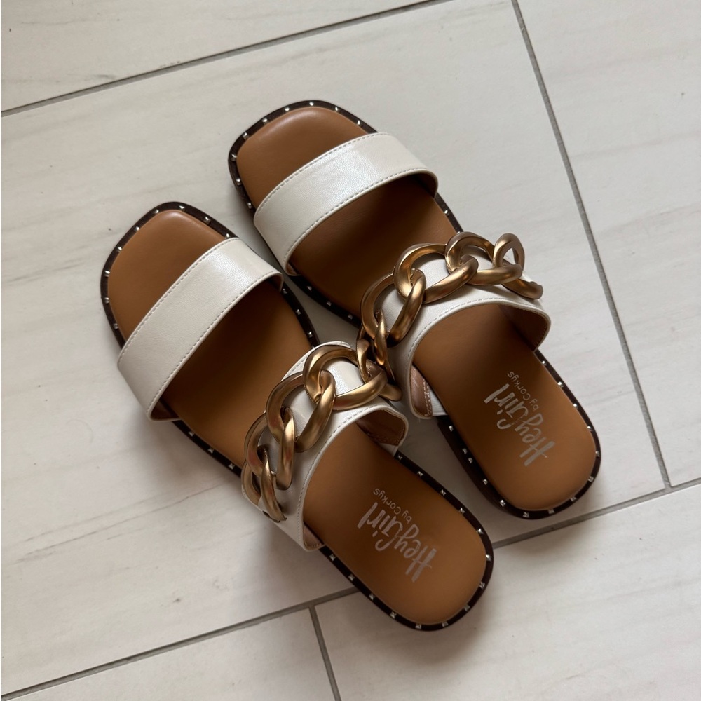 White and Gold Chain Slide Sandals